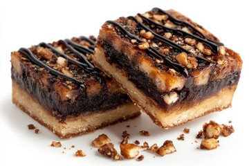Poster - Delicious dessert squares featuring chocolate drizzle and nut topping on a white background