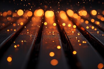 Poster - Glowing droplets and sparks create a captivating ambiance on a wooden surface during a nighttime rain