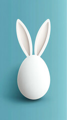 Poster - A white rabbit with floppy ears is standing on a blue background. The rabbit is holding an egg in its mouth