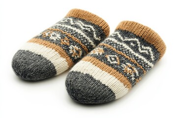 Poster - Cozy knitted slippers with a winter design in shades of gray, white, and brown perfect for indoor lounging