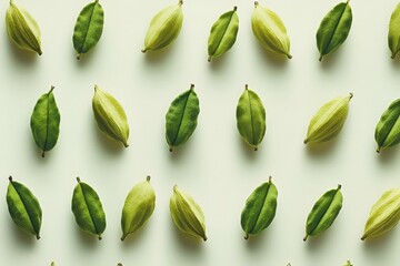Poster - Arrangement of green and light green cardamom pods on a light background showing their unique textures and shapes