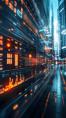 Poster - A computer screen with a lot of numbers and lines. The image is of a city with a lot of buildings and lights. Scene is futuristic and technological