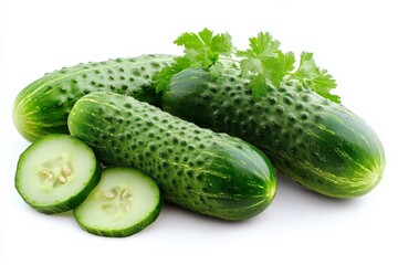 Poster - Fresh cucumbers with cilantro on a white background ready for cooking or salad preparation