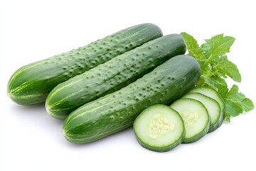 Poster - Fresh cucumbers and mint leaves arranged with sliced pieces for a healthy snack or salad preparation