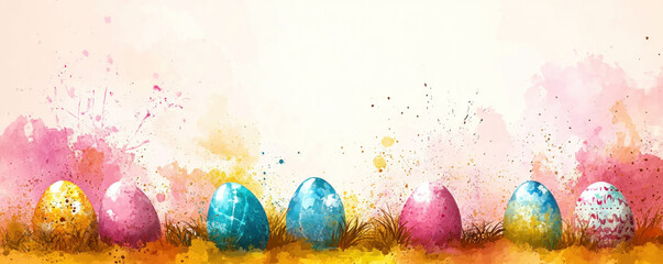 Poster - A colorful line of eggs with a pink background. The eggs are arranged in a row, with some of them being larger than others. Scene is cheerful and playful