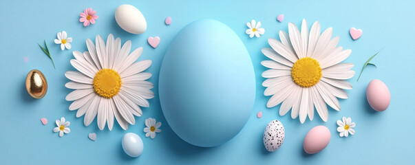 Poster - A blue background with a white egg and a bunch of yellow and white flowers. The flowers are scattered around the egg, creating a colorful and cheerful scene