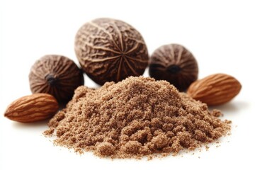 Poster - Ground nutmeg and whole nuts with almonds on a clean surface ready for culinary use