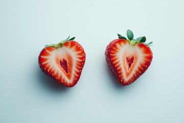 Poster - Freshly cut strawberries display vibrant colors and perfect heart shapes on a light surface