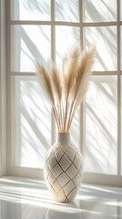 Poster - Sunlight filters through a window, illuminating a stylish vase filled with pampas grass, casting intricate shadows across a bright surface, creating a serene atmosphere