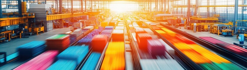 Poster - Dynamic Factory Scene Featuring Numerous Cars in Motion on Assembly Line Conveying the Hustle and Bustle of Automotive Manufacturing Process