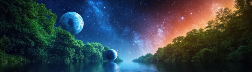 Poster - A Surreal Planet Floats Above Tranquil Water Surrounded by Lush Trees and Glittering Stars Creating an Enchanting Dreamlike Nighttime Scene