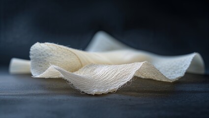 Poster - Texture and detail of lightweight fabric elegantly arranged on a dark surface enhancing its natural beauty