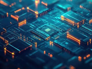 Fototapete - Illuminated Computer Circuit Board with Radiant Lights and Intricate Patterns Conveying a Sense of Technology Innovation and Modern Digital Aesthetics