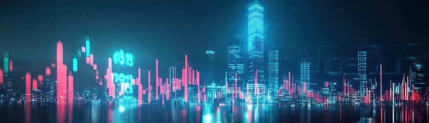 Poster - Vibrant Urban Nightscape with Luminous Neon Lights Illuminating Skyscrapers and Busy Streets Creating a Dynamic and Energetic City Atmosphere