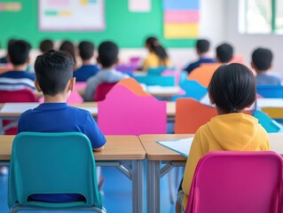 Poster - Bright and Engaging Classroom Scene with Diverse Children Actively Participating at Desks Surrounded by Educational Materials and Learning Tools