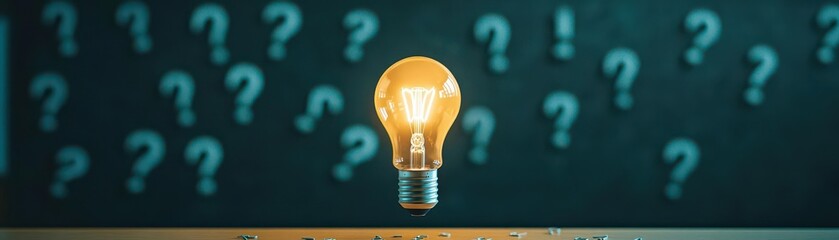 Poster - Illuminated Light Bulb Surrounded by Floating Question Marks Symbolizing Curiosity and Ideas in a Creative Thought-Provoking Conceptual Environment