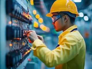 Poster - Dedicated Worker in Hard Hat and Safety Jacket Focusing on Circuitry in Industrial Environment Highlighting Safety and Precision in Technical Tasks