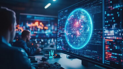 Fototapete - A focused man analyzing data on a computer screen with a glowing futuristic sphere illuminating the room creating an inspiring tech-driven atmosphere