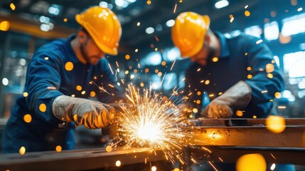 Poster - Dedicated Workers Collaborating on Metal Fabrication in Industrial Workshop Showcasing Teamwork Skill and Precision in a Dynamic Work Environment