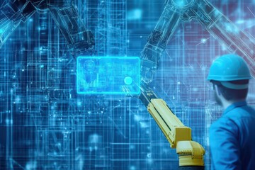 Poster - Construction Worker Observing Advanced Robot Technology on Job Site Highlighting Human Interaction with Machinery in Modern Industrial Environment