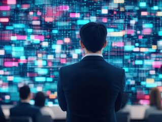 Poster - Professional Man in Elegant Suit Contemplating Vibrant Wall of Colorful Squares in Modern Art Space Evoking Curiosity and Creative Inspiration