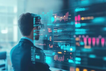 Fototapete - Focused Man Analyzing Data on Computer Screen Surrounded by Charts and Graphs Reflecting Strategic Insights and Analytical Mindset in Office Space
