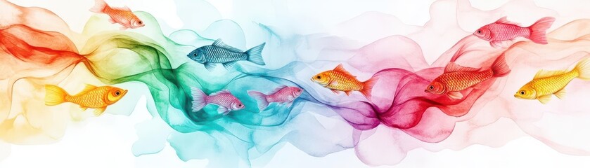 Poster - Vibrant Underwater Scene Featuring a Diverse School of Fish Swimming Gracefully Through a Colorful Watercolor Background Evoking Serenity and Joy