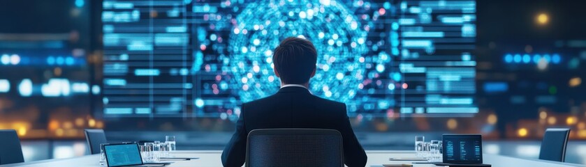  - Professional Businessman Dressed in Formal Suit Sitting at Modern Desk Surrounded by Laptops and Multiple Monitors in a Contemporary Office Setting