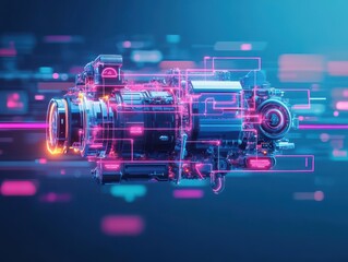 Poster - Vibrant Camera Surrounded by Soft Pink and Blue Background Creating an Artistic and Playful Atmosphere for Photography Enthusiasts and Creatives Alike