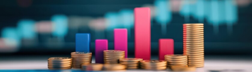 Poster - A Stack of Coins Symbolizing Wealth and Financial Growth with a Colorful Bar Chart Displaying Economic Trends in a Professional Business Environment