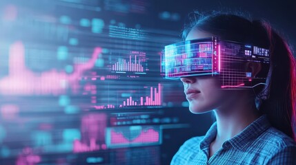 Poster - Woman Engaged in Virtual Reality Experience Wearing Headset Surrounded by Futuristic Technology and Bright Colors Creating a Dynamic Atmosphere