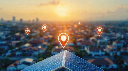 Wall Mural - an aerial depiction of solar-powered towns marked with location pins for clean energy zones
