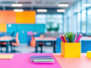 Poster - Vibrant and Colorful Desks in a Modern Office Space Filled with Natural Light Creating an Inspiring and Productive Work Environment for Creativity