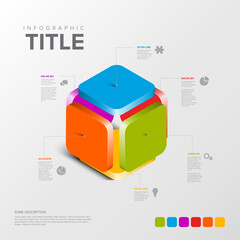 Poster - A 3D colorful infographic cube with segmented blue, orange, green, and red sections. It includes labeled icons with text details, ideal for presentations and data visualization.