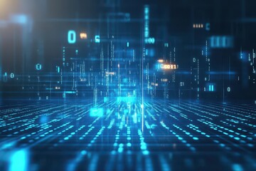 Fototapete - Abstract Composition Featuring Blue and Black Background with Flowing Binary Numbers Creating a Digital Aesthetic Evoking Technology and Innovation