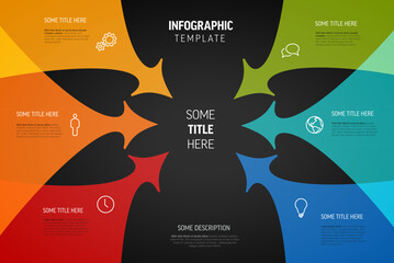 Poster - A colorful infographic template featuring six arrows pointing towards a central title on black back. The design includes icons and text areas for customizable data representation and organization.