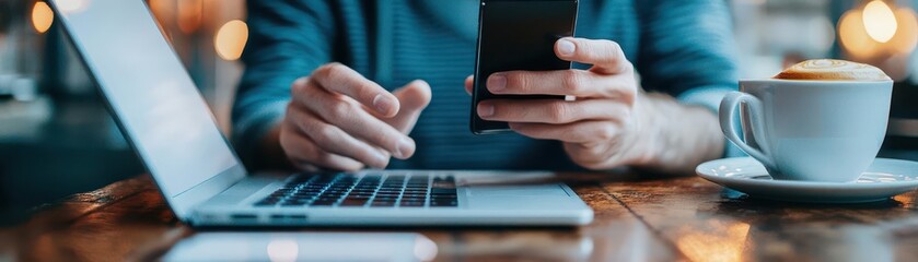Fototapete - Focused Woman Engaged with Digital Devices in Modern Workspace Surrounded by Natural Light and Inspiring Decor Creating a Productive Atmosphere