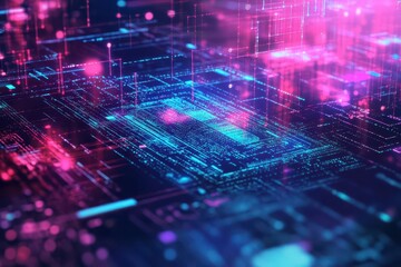 Poster - Futuristic Computer Circuitry Illuminated by Vibrant Blue and Pink Lights Creating a Dynamic and High-Tech Atmosphere of Innovation and Technology