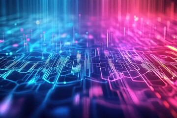 Poster - Vibrant Circuit Board Illuminated with Multicolored LED Lights Creating a Futuristic and Dynamic Atmosphere of Technology and Innovation in Electronics