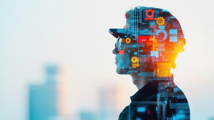 Poster - A contemplative woman gazes thoughtfully with a futuristic digital interface glowing softly in the background creating an ambiance of innovation and reflection