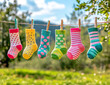 ©  TOFEL - Six colorful socks hanging on a clothesline outdoors