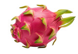 A close up of a vibrant pink dragon fruit with green tipped scales against a white background 