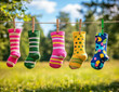 ©  TOFEL - Colorful socks hanging on a clothesline in a sunny outdoor setting.