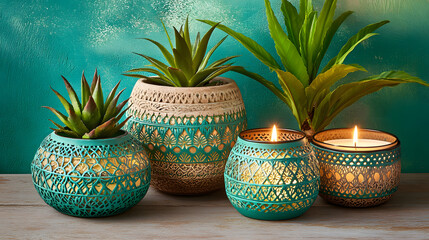 Poster - Three beautifully arranged pots with lush green plants and softly glowing candles creating a serene tabletop decor.