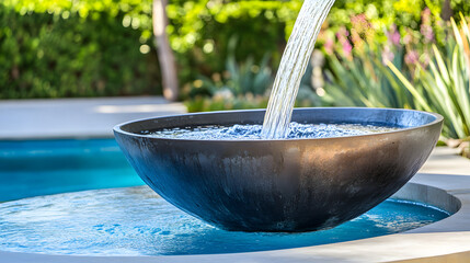 Poster - Bowl of water being poured gracefully into a pool creating ripples and reflections in a minimalist setting.