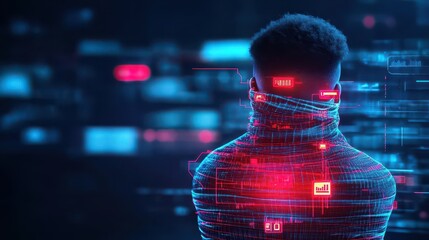 Poster - Futuristic Man in Sleek High-Tech Suit with Glowing Red Light on Face Evokes a Sense of Innovation and Mystery in a Sci-Fi Inspired Atmosphere