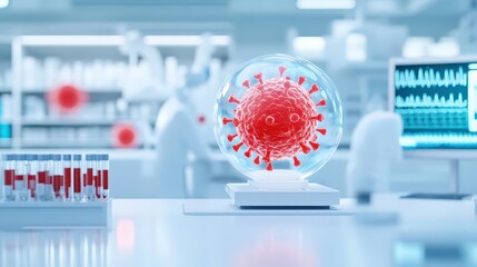 Poster - Intriguing Laboratory Scene Featuring a Glass Globe Filled with Vivid Red Blood Surrounded by Scientific Equipment and a Brightly Lit Environment