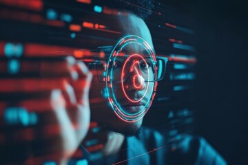 Poster - Intriguing Portrait of a Man with Glasses Illuminated by Mysterious Red Light Emitting from His Face Suggesting a Sci Fi or Surreal Atmosphere