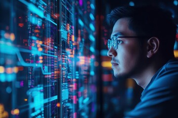 Fototapete - Focused Man Intently Observing Computer Screen in Modern Workspace Surrounded by Technology Creating an Atmosphere of Concentration and Productivity