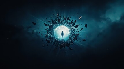 Poster - A man stands confidently in the center of a shattered glass sphere reflecting light and creating an intriguing contrast with the surrounding space
